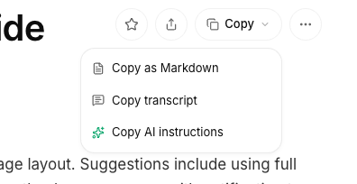 A clip's Copy menu showing Copy as Markdown, Copy transcript, and Copy AI instructions.