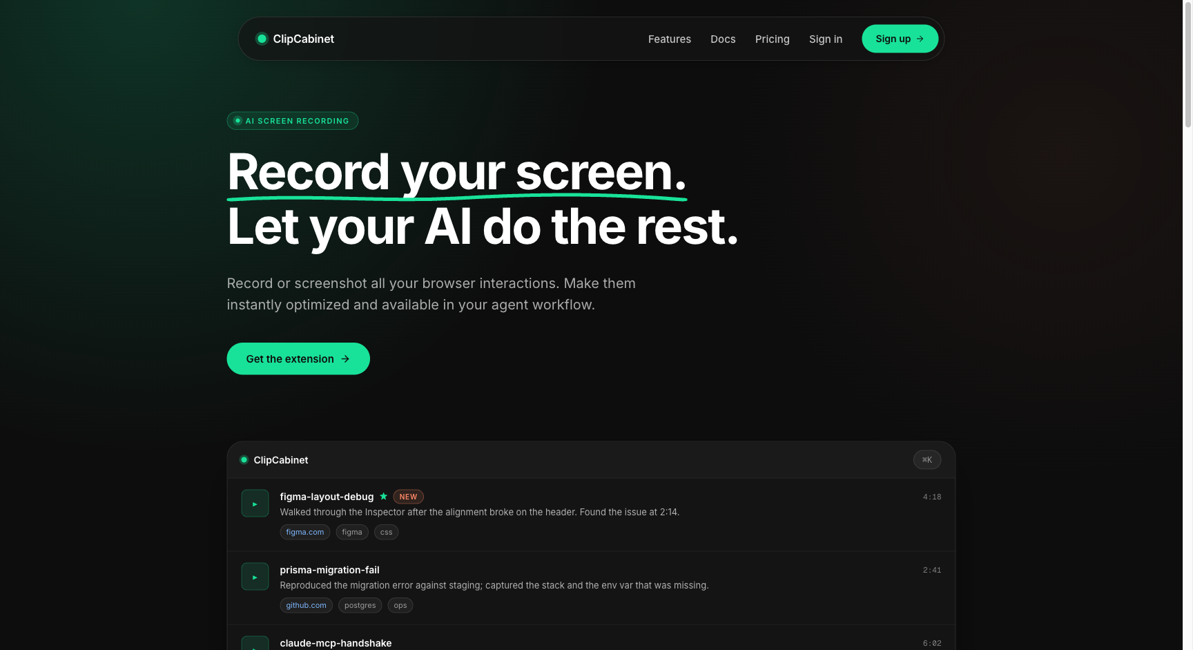 The ClipCabinet landing page: the headline "Record your screen. Let your AI do the rest." above a preview of the clip library.