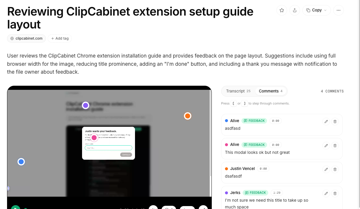 A finished ClipCabinet clip: the video with pinned comments alongside its transcript and comment thread.