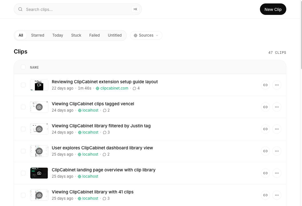 The ClipCabinet library with the search bar, source filter, and a list of clips.
